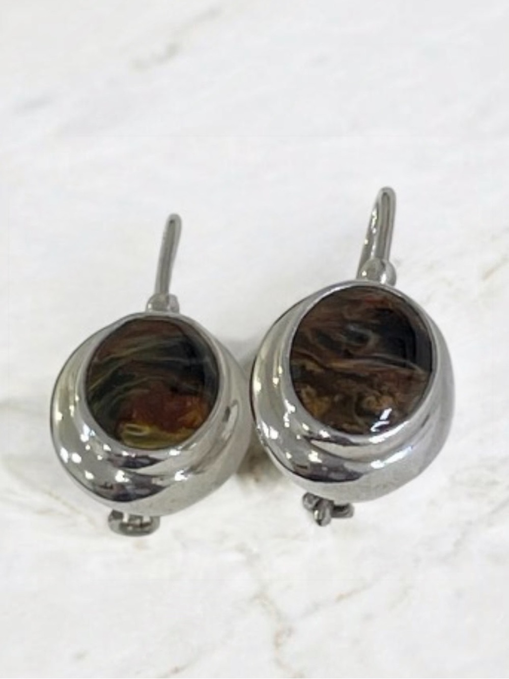 Sterling silver Round Drop Earrings with Brown Swirl Inlay